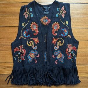 Embroidered Black Fringe Vest
